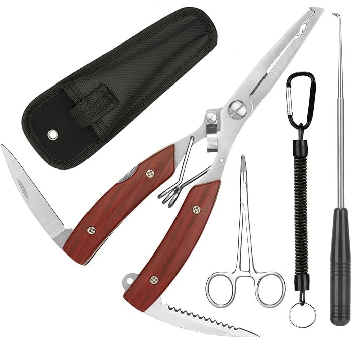 3 Pcs Ensemble de Pince à Pêche Portable avec Lanière & Forceps Courbés & Outil de Désinsertion & Étui Outils Multi Fonction Pince de Pêche Retire-Hameçons Coupe-Ligne