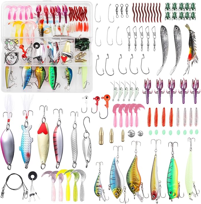 Fishing Kit 101 Pieces - Spinnerbaits, Plastic, Minnow, Popper, Soft Jigs, Hooks - Portable Bait Kit with Box