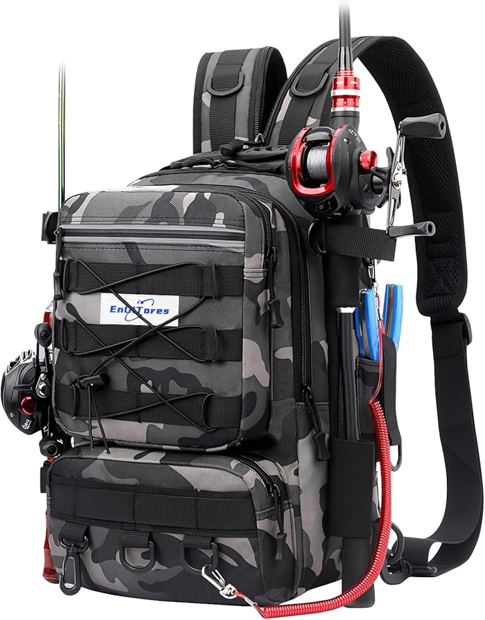 EnGiTores Fishing Tackle Bag Backpack for Fishing Tackle Waterproof Rod Camping Hiking and Travel (45 x 30 x 25 cm)