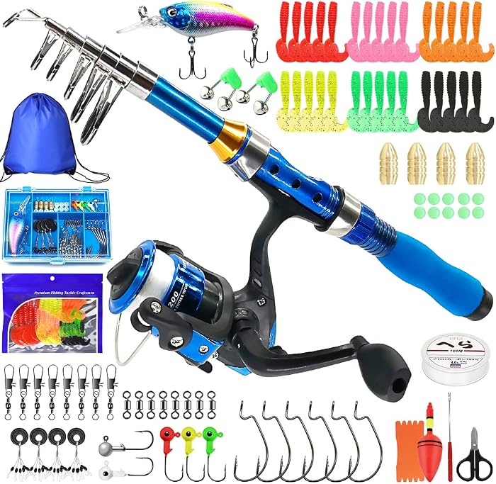 Kilitn Kids Portable Fishing Rod 1.5m Telescopic Fishing Rod and Reel with Fishing Line Complete Kit Fishing Gear for Kids Boys Girls Adults