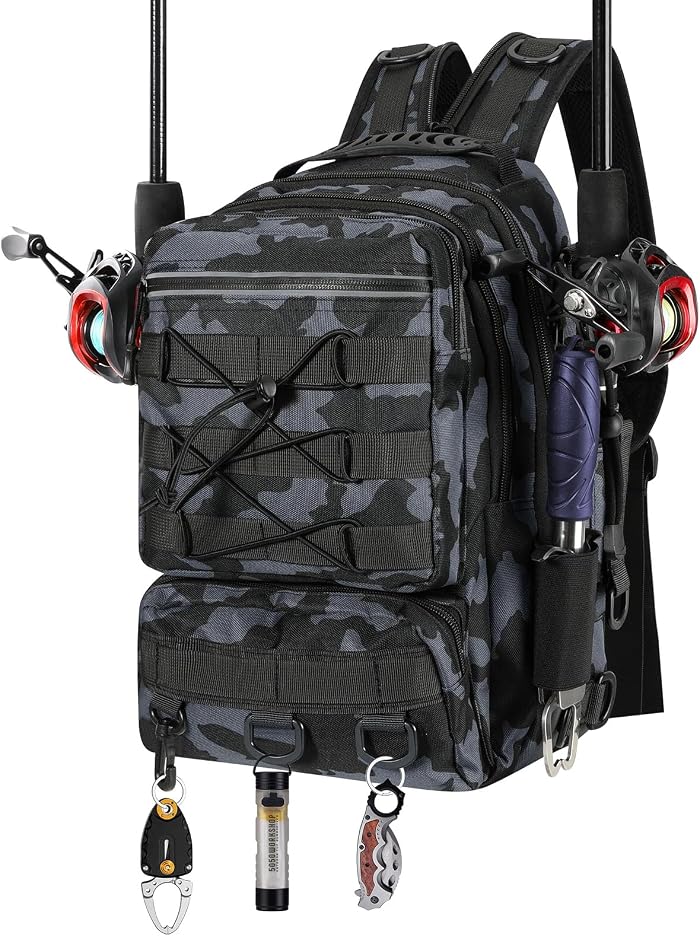 MoKo Sac à Dos de pêche avec Support pour Canne à pêche et équipement, Sac de Rangement des Accessoires en Nylon imperméable pour Le Camping, la randonnée, la Chasse