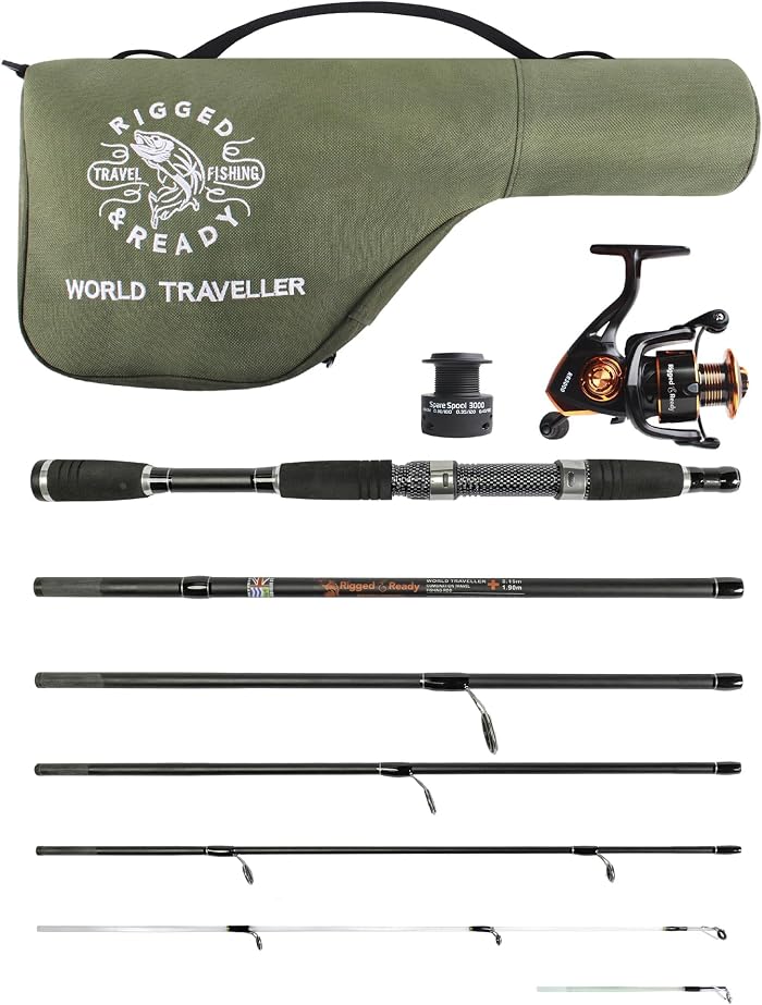 Rigged and Ready World Traveller Travel Fishing Rod Reel & Case Set Compact 6 Sections, 2 Tips 215 cm 7 inches + 1.9 cm 6 inches 2.5 cm Nano Carbon Fishing Rod Options Spin Bait Carp Pike Sea Fishing